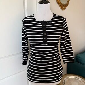 Lauren Ralph Lauren Black White Striped Henley 3/4 Sleeve Top M